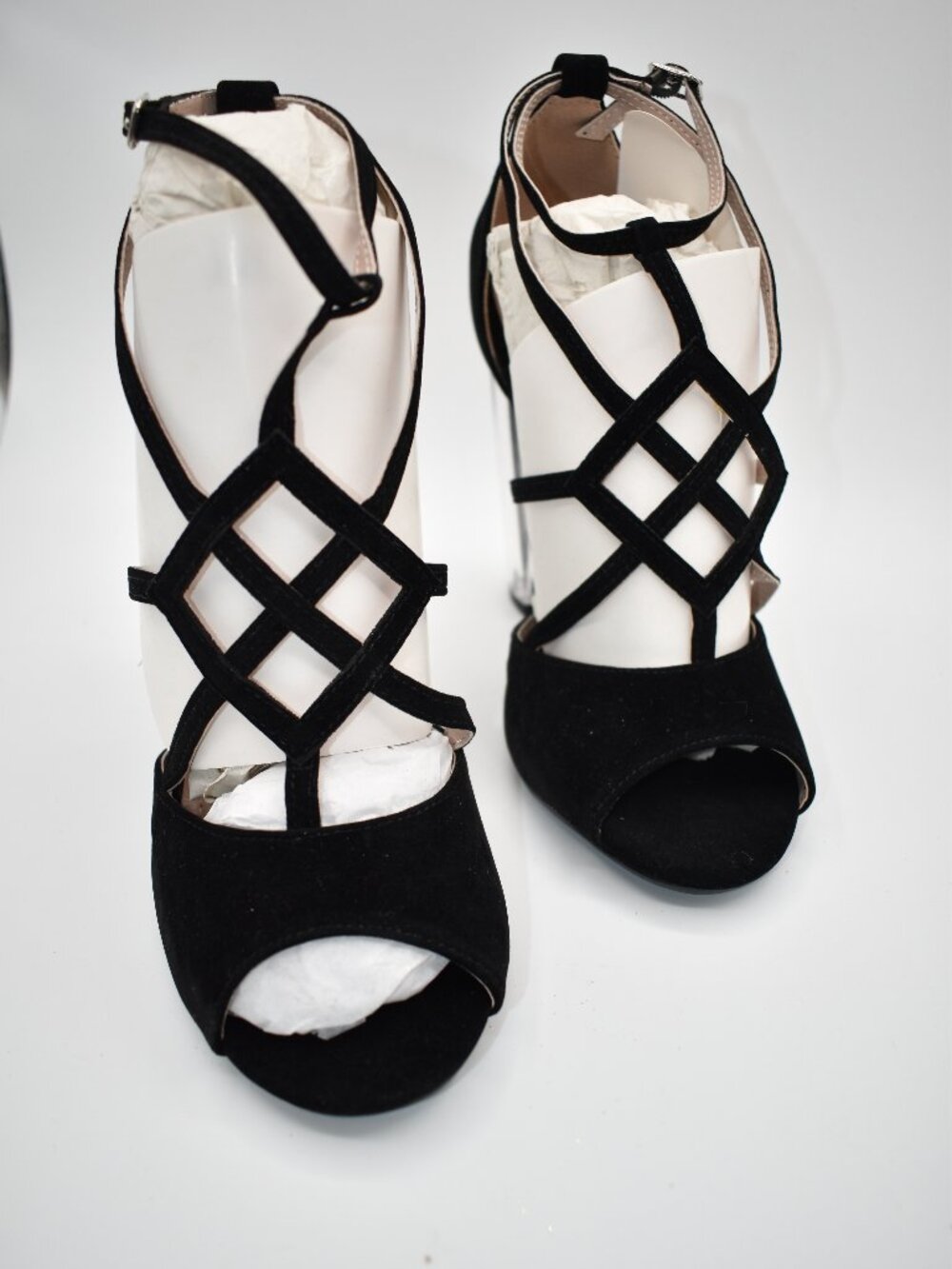 New Size 7.5 with box Women's Black Strappy Block Heels Clear Open Toe Buckle